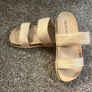Tan Slide Sandals with Double-Strap Design